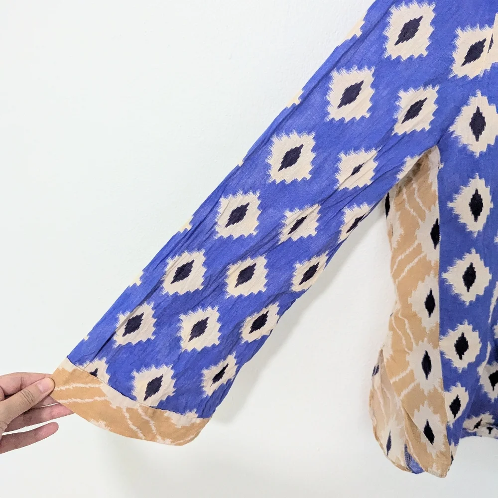 Zara Ikat Print Button Front Shirt Collared Mixed Print Western Blue White XL - Picture 7 of 8